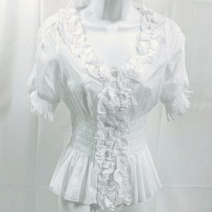 Womens Blouse S White Ruffle Peplum EUC